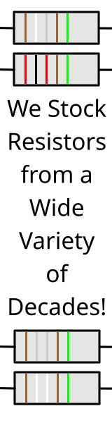 A fake ad that reads: We Stock Resistors from a Wide Variety of Decades; 
    Above the text is a diagram of 2 resistors, as well as 2 below the text.;
    They are 5 band resistors, in order top down;
        Brown White Grey  Brown Green;
        Red   Black Red   Brown Green;
        Brown Grey  Grey  Brown Green;
        Brown White White Brown Green